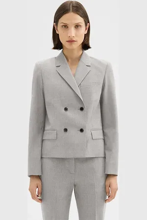 THEORY Double-breasted Blazer In Good Wool Light Grey Melange