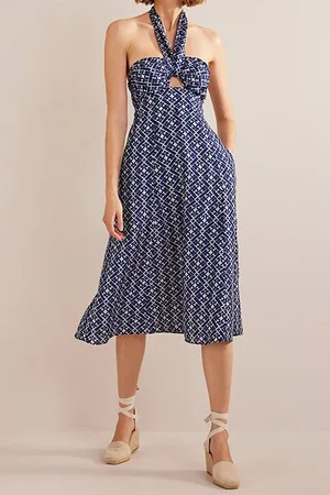 Boden Halterneck Cut Out Midi Dress Prussian Blue, Tranquil Geo