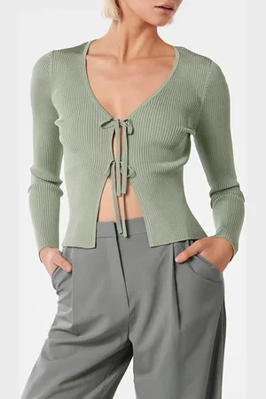 Forever New Cassie Tie Front Knit Cardigan Sage Green