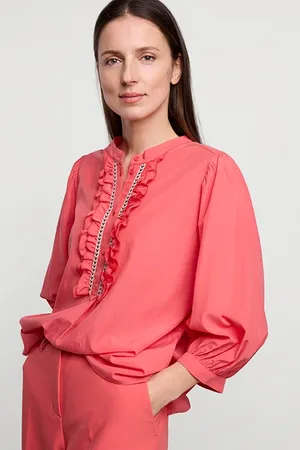 Summum Woman Top Ruffles Lyocell Cotton Bright Coral