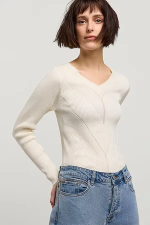 Summum Woman V-neck Rib Sweater Soft Viscose Polyamide Knit Ivory