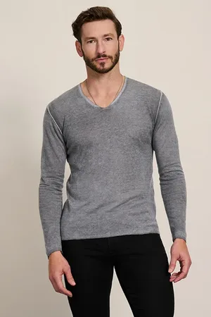 John Varvatos Regular Fit Ls Vneck With Reverse Print Seal Grey