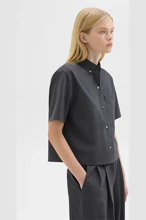 THEORY Cropped Short-sleeve Shirt In Good Wool Charcoal Melange