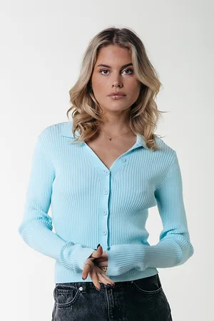 Colourful rebel Nori Fine Knit Cropped Longsleeve Polo Light Ocean Blue
