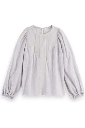 Scotch&Soda Patchwork Bib Blouse With Embroidery In Organic Cotton Navy