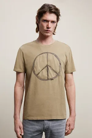 John Varvatos Ss Raw Edge Tee - Peace Sign Embroidery Dark Olive