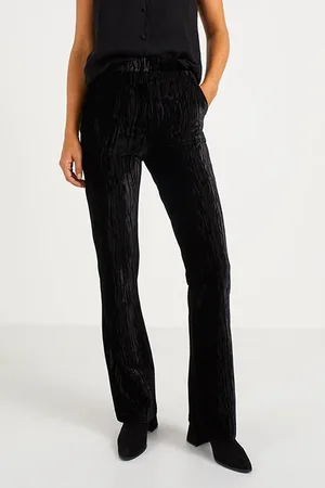 ICODE Black Textured Panne Velvet Wide Trousers