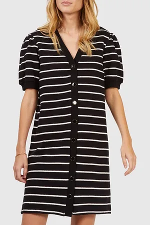 ICODE Black And Ecru Knit Buttoned Sailor-stripe Dress