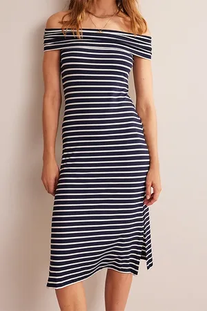 Boden Bardot Jersey Midi Dress Ivory And Navy Stripe