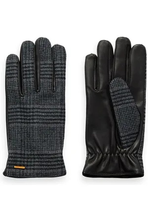 Scotch&Soda Leather & Wool Gloves Black Grey Check
