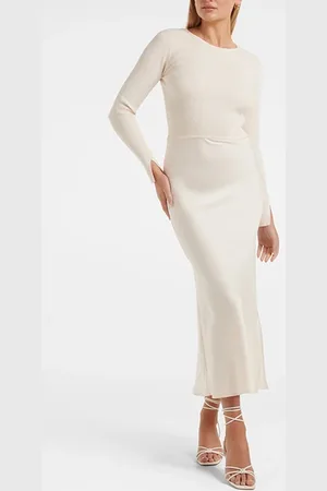 Forever New Alicia Long Sleeve Satin Mix Knit Dress Cream