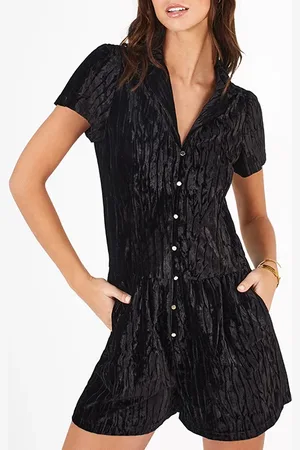 ICODE Black Textured Panne Velvet Playsuit
