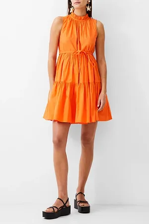 French Connection Tiered Poplin Dress Short Mandarin