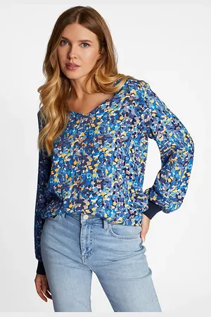 Rich & Royal Printed V-neck Blouse Grs Midnight Blue