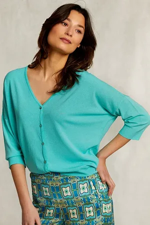 River Woods Turquoise V-neck Cardigan 3/4 Sleeves Green