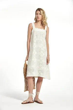 OKY Crochet Effect Knit Atiol Dress Ecru