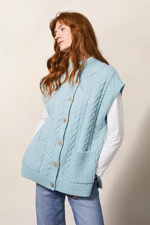 White Stuff Chestnut Cable Pocket Poncho Light Blue