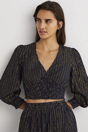 Boden Lurex Smocked Crop Top Nvy