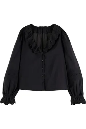 Scotch&Soda V-neck Shirt With Broderie In Organic Cotton Black