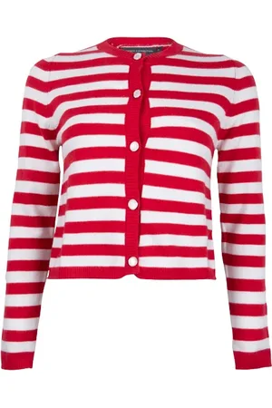 French Connection Boxy Stripe Cardigan Poppy/ivory