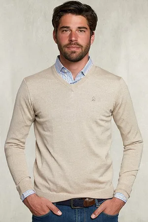 River Woods Basic Merino V-neck Pullover Dune Mix Brown