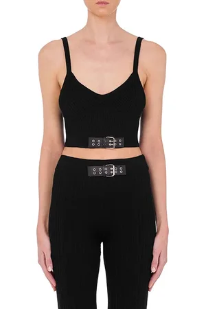 Moschino Biker Buckles Stretch Knit Crop Top Black