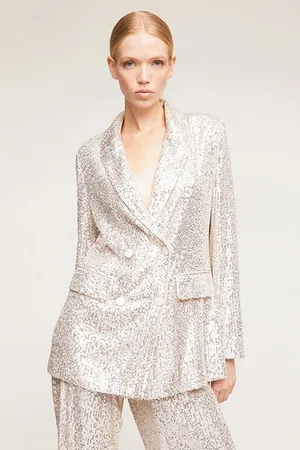 Motivi Long Double-breasted Full Sequin Blazer Grey