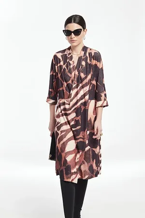 OKY Printing Knitwear Dress With Flowing Neck Susset Orange