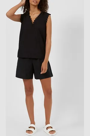 French Connection Summer Ric Rac V Neck Top Black