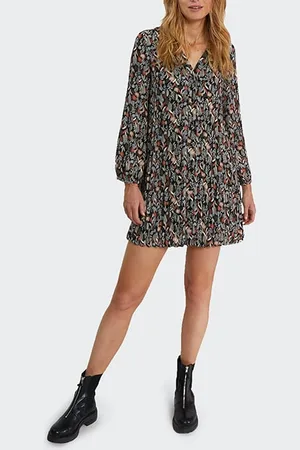 ICODE Black Plant Print Pleated Dress