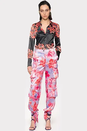 Pinko Indios Pantalone Satin Stampa Fiori Tropicali Lilac/pale Pin
