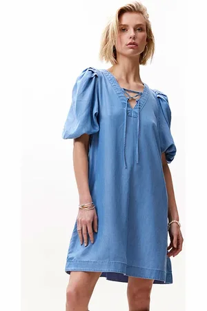 Catwalk Junkie Puff Sleeve V Neck Dress Blue