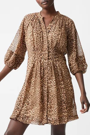 French Connection Leopard Pleat Waist Dress S Camel