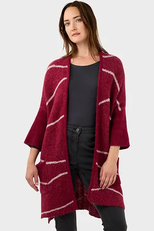Sandwich Long Knit Cardigan With Stripes Beaujolais