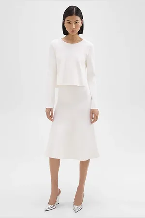 THEORY Layered Trumpet Dress In Crepe Knit White