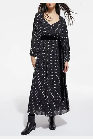 The Kooples Robe Longue Plissee Polka Dots Black Velvet Ceinture Black-e