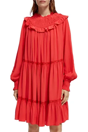 Scotch&Soda Smocked And Tiered Long Sleeved Dress Electric Red