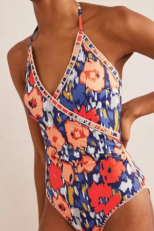 Boden Crochet Trim Wrap Swimsuit Navy, Abstract Poppy