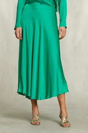 River Woods Green Satin Flared Skirt Green