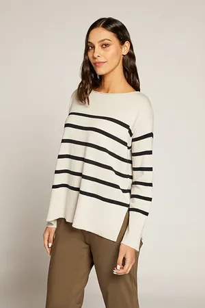 Elena Miro 100% Wool Striped Sweater White