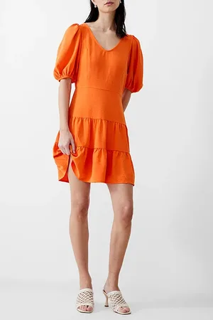 French Connection Vee Tiered Crinkle Dress Knee Mandarin