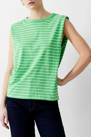 French Connection Padded Shoulder Stripe Tank Poise Green/white