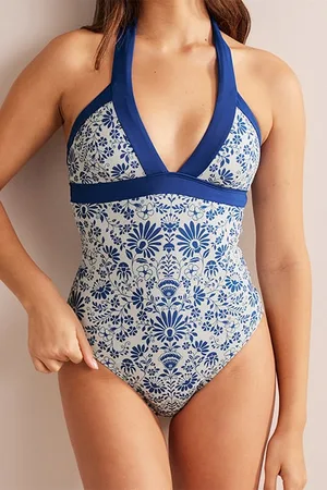 Boden Ithaca Halter Swimsuit Ivory, Lake Blue Gardenia