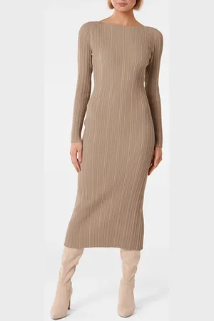 Forever New Evie Long Sleeve Rib Knit Dress Mushroom