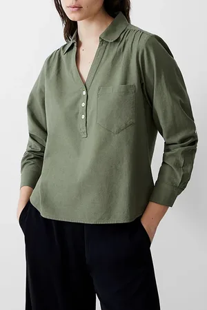 French Connection Linen Blend Vee Placket Top Khaki