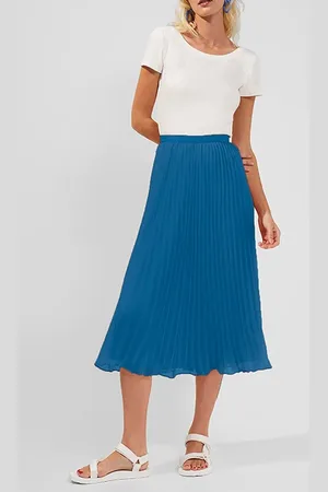 French Connection Pleated Solid Midi Skirt Ocean Depths