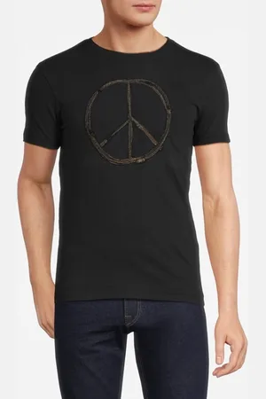 John Varvatos Ss Raw Edge Tee - Peace Sign Embroidery Black