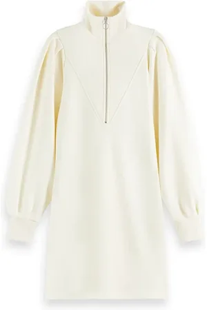 Scotch&Soda Zipped Neck Sweat Dress With Puffed Sleeves Aged White