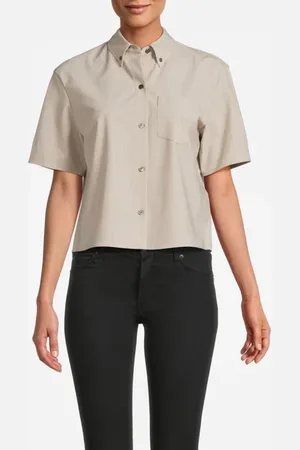 THEORY Cropped Short-sleeve Shirt In Good Wool Sand Melange