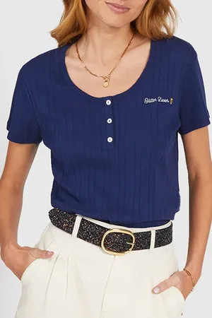 ICODE Indigo Pointelle Knit T-shirt, Embroidered Slogan